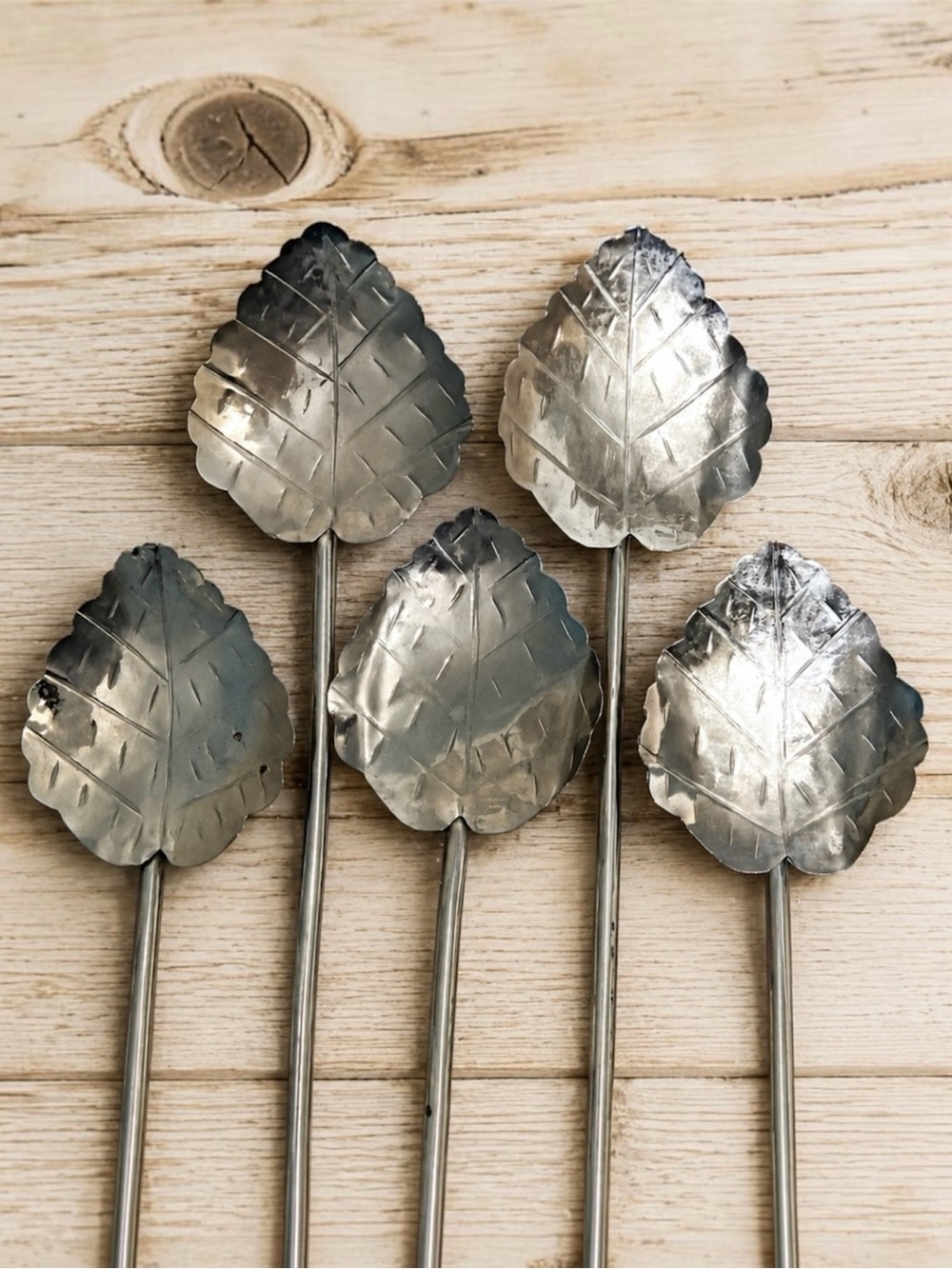 Set of 5 Vintage Alpaca Leaf Shaped Silver Tea Straw Spoons from Mexico